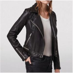 AllSaints Conroy Quilted Leather Zip Biker Jacket Black Asymmetric Size 4